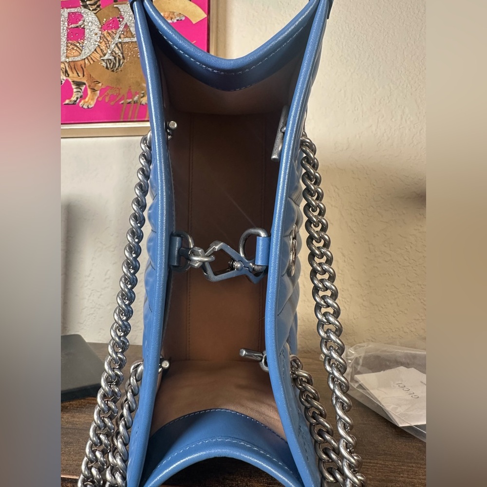 Authentic Gucci Blue Marmont Quilted Leather Chain Shoulder Tote - Picture 12 of 15